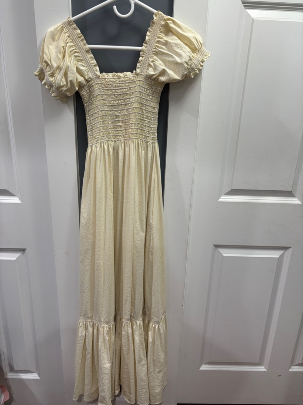 La Ligne yellow Puff-Sleeve Smocked Maxi Dress with Tiered Skirt